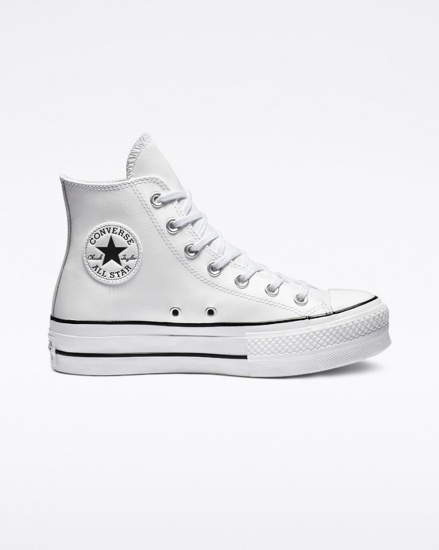 Dámské Boty Na Platformy Converse Chuck Taylor All Star Lift Læder Vysoké Bílé Černé Bílé | CZ YEW3189